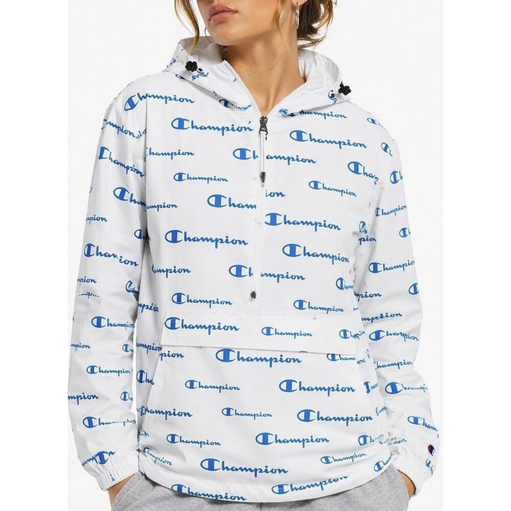 Champion Packable Jacket Logo Scripts Hoodie Rain Windbreaker White Women S New
